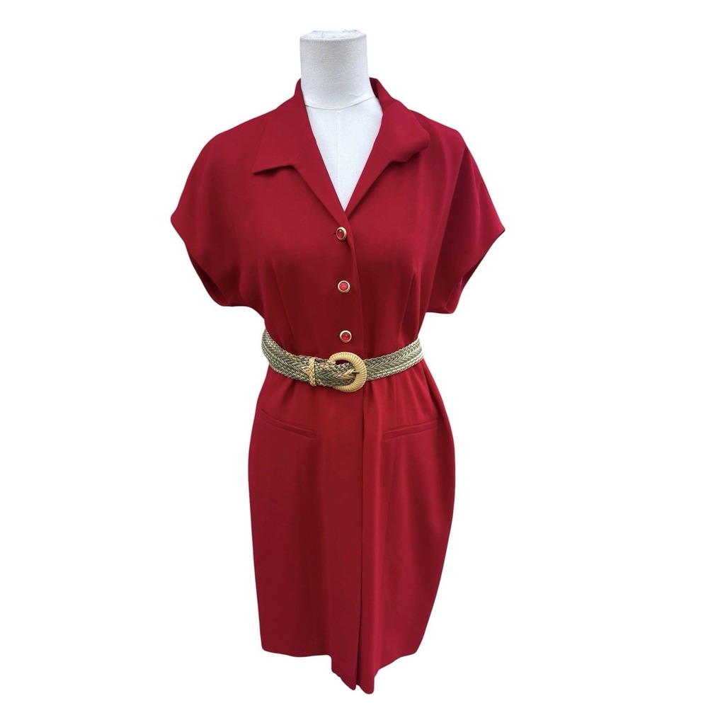 Liz Claiborne Petite Red Shirt Dress Gold Button Midi Vintage Career 10P